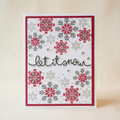 Hand-inked red and grey snowflake Let It Snow Christmas greeting card with gem accents.