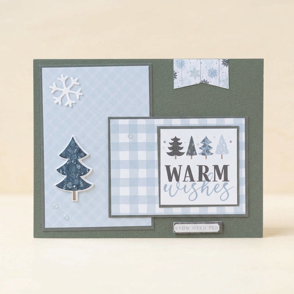 Warm Wishes winter trees greeting card on a soft cream background