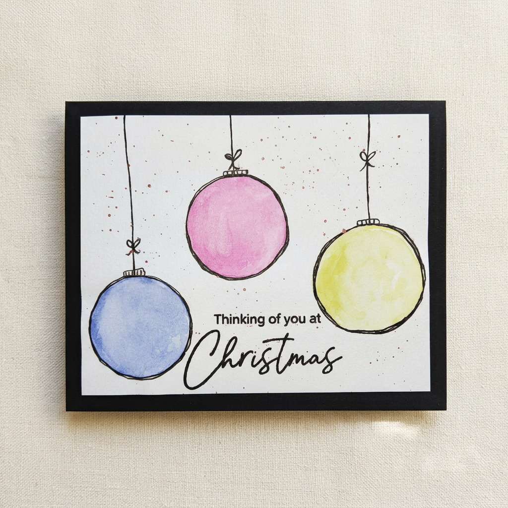 Watercolour Christmas card with pale blue, pink and pale yellow ornaments