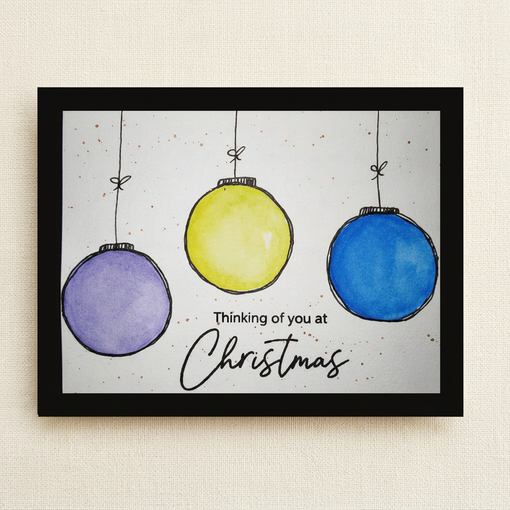 Watercolour Christmas card with lavender, yellow and blue ornaments