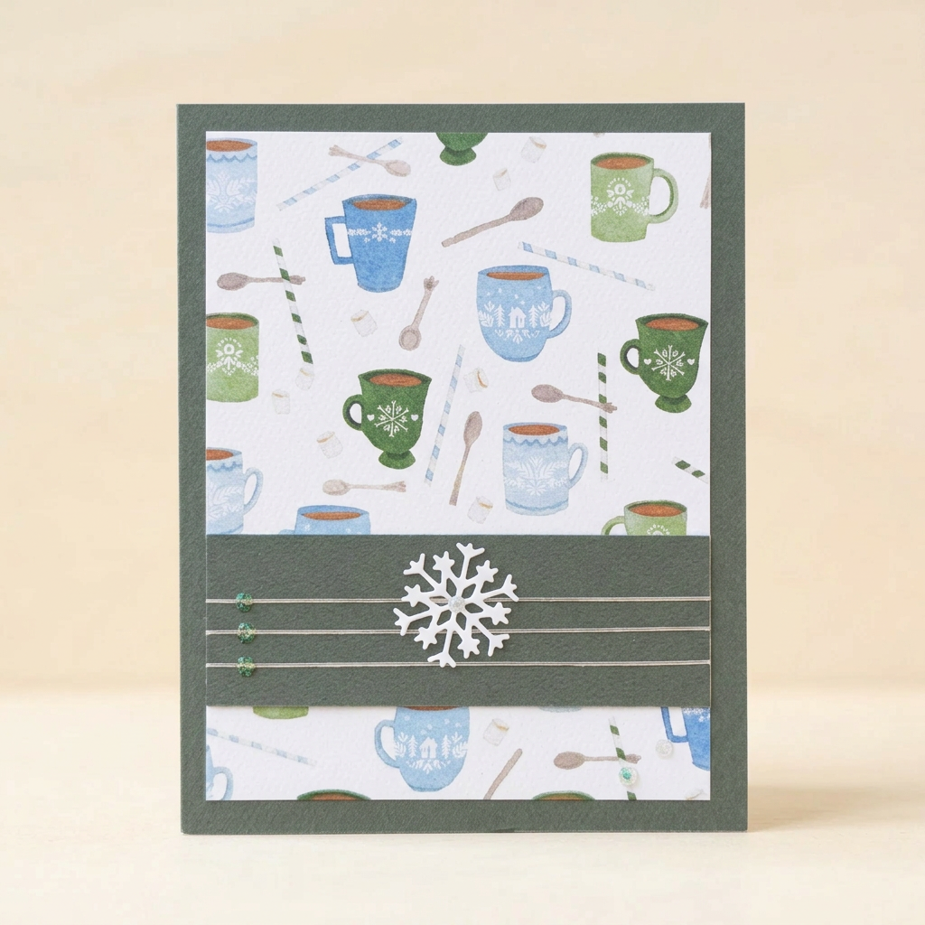 Cocoa mug patterned greeting card with snowflake and silver lines on a cream background