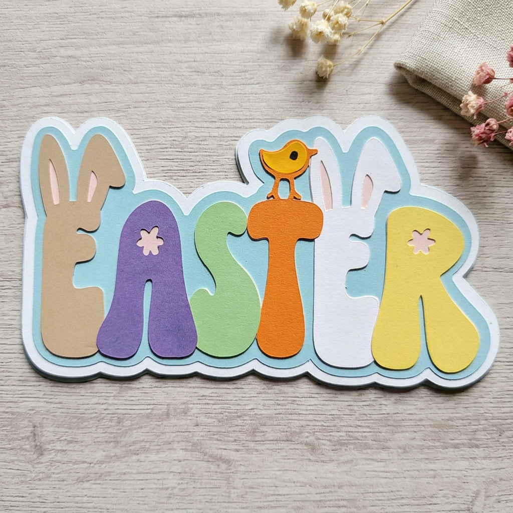 Layered pastel EASTER cardstock scrapbook title with bunny ears, a chick and flower details, styled on pale wood with linen and dried flowers.