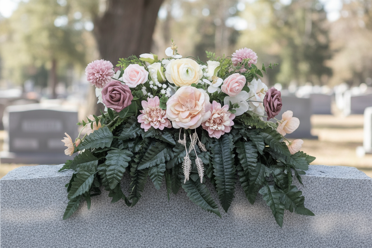 Mauve, pink and cream rose saddle on grey monument
