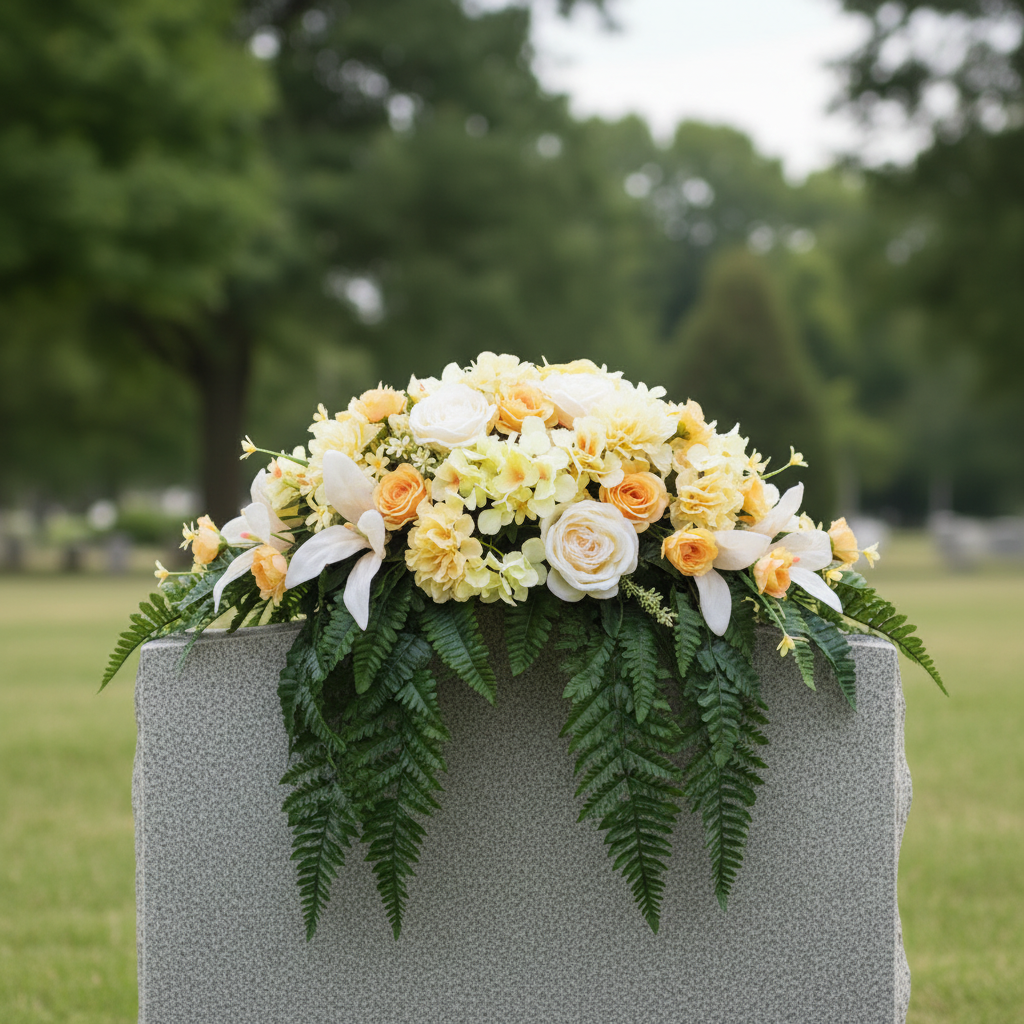 Handcrafted yellow and cream floral memorial saddle arrangement with peach roses, white lilies, and cascading ferns, displayed on a grey granite headstone in a peaceful cemetery setting — custom made by GG's Handmade Creations in Scotch Village, Nova Scotia