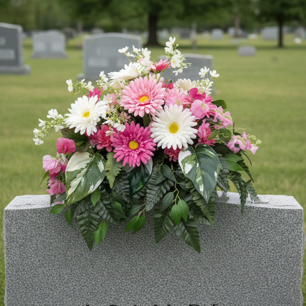 Handcrafted pink and white floral memorial saddle arrangement with gerbera daisies, sweet peas, white daisies, and lush cascading greenery, displayed on a grey granite headstone in a peaceful cemetery setting — custom made by GG's Handmade Creations in Scotch Village, Nova Scotia