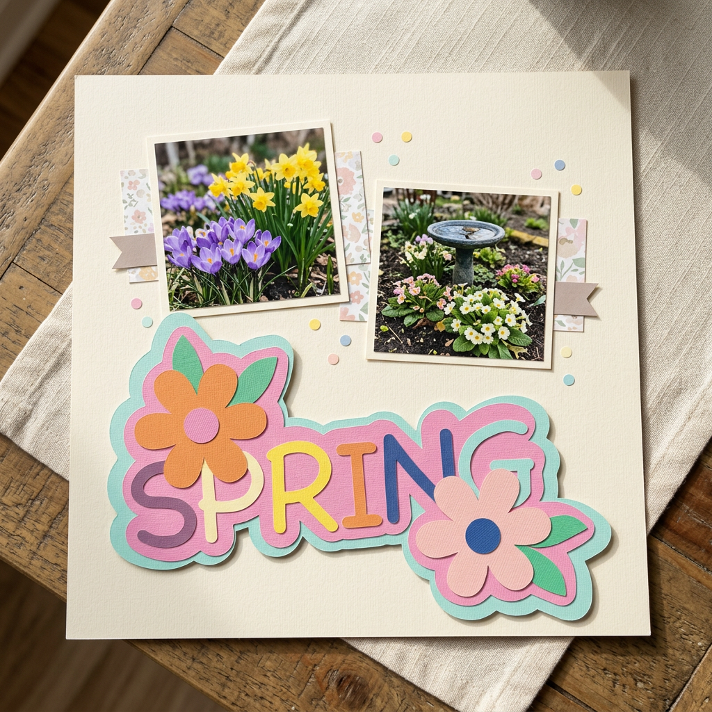 Spring embellishment on a styled 12×12 scrapbook page
